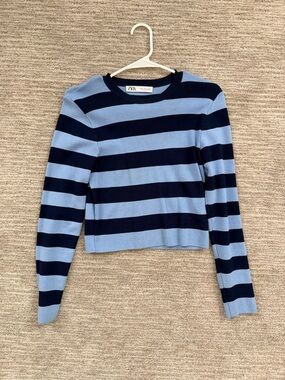 Zara Light Blue & Navy Striped Long Sleeve Top